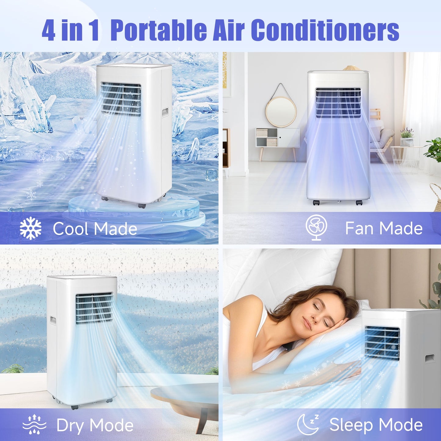 Portable Air Conditioner,8500 BTU Portable Ac up to 450 Sq,4 in 1 with Remote Control,Sleep Mode, Windows Kit,Brush,White