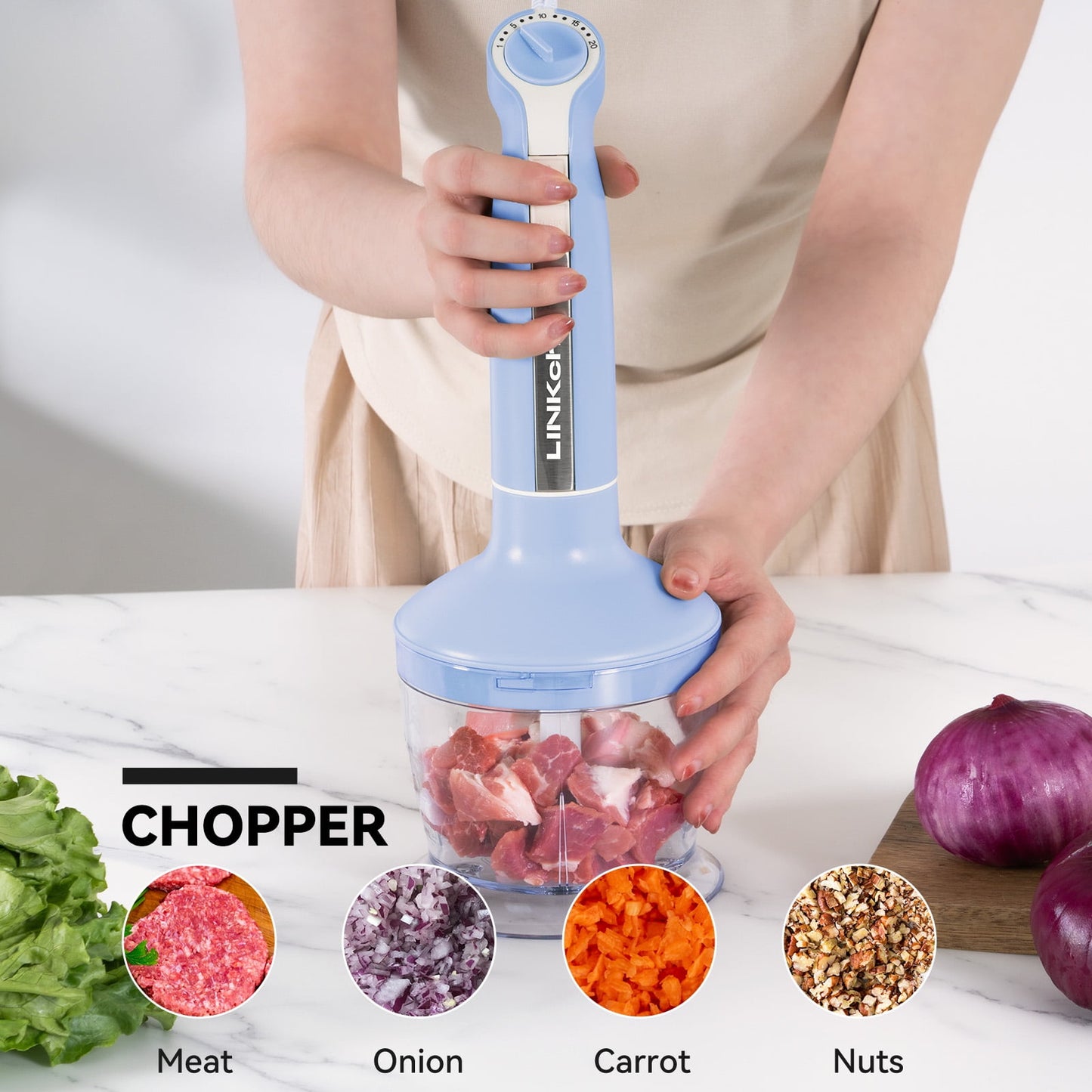Immersion Blender, 20-Speed 1000W 5-In-1 Immersion Hand Blender, Stick Blender with Turbo Mode, Baby Food Processor with Chopper, Blender for Kitchen with 600Ml Beaker (Blue)