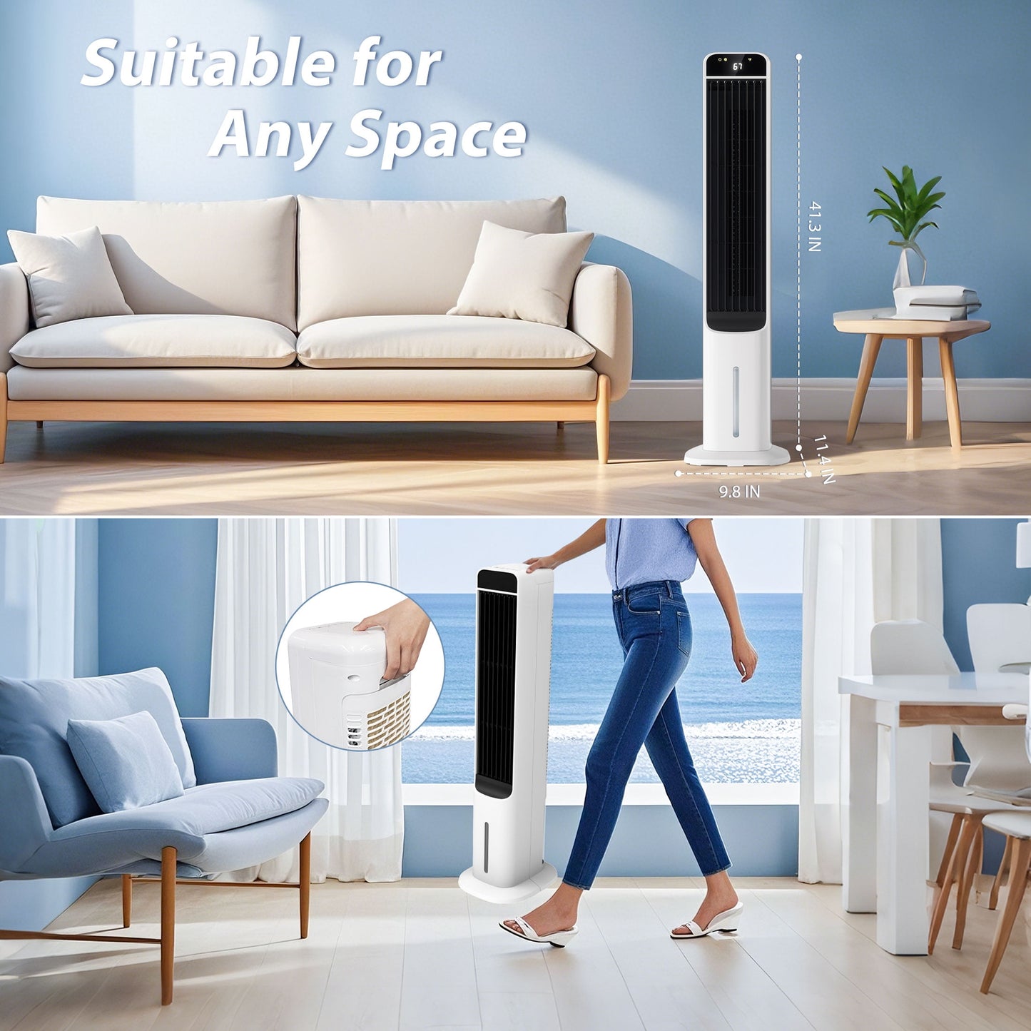Evaporative Air Cooler Tower Fan Portable Air Conditioners Indoor 3-In-1 Humidifier 41.5"