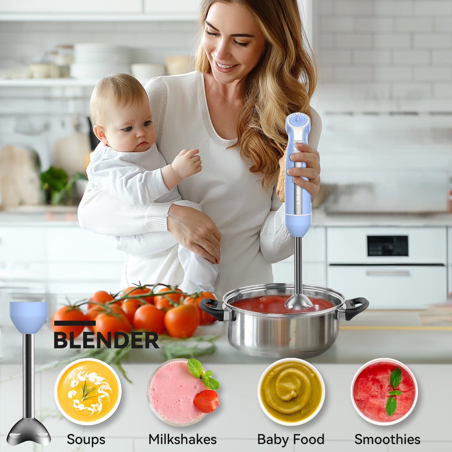 Immersion Blender, 20-Speed 1000W 5-In-1 Immersion Hand Blender, Stick Blender with Turbo Mode, Baby Food Processor with Chopper, Blender for Kitchen with 600Ml Beaker (Blue)