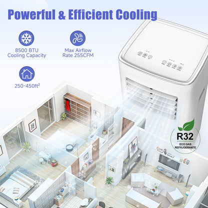 Portable Air Conditioner,8500 BTU Portable Ac up to 450 Sq,4 in 1 with Remote Control,Sleep Mode, Windows Kit,Brush,White
